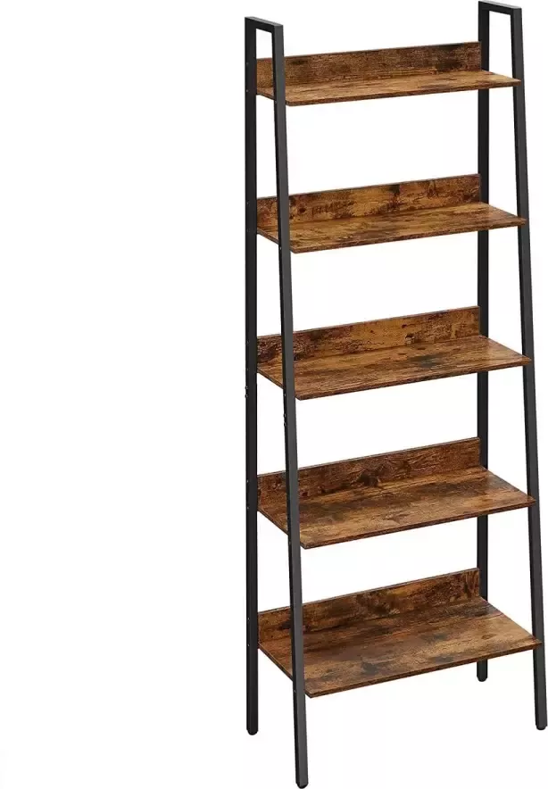 Livingsigns boekenkast ladderplank met 5 planken open staande plank smal voor woonkamer slaapkamer keuken kantoor metalen frame industrieel design vintage bruin-zwart LLS067B01