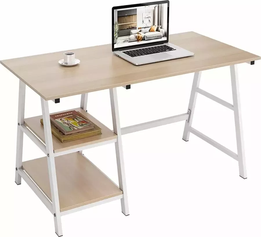 Livingsigns Computertafel met plank bureau 120 x 60 cm bureau hout laptop pc-tafel bureau met opbergvakken werktafel voor thuis werkkamer esdoorn en wit