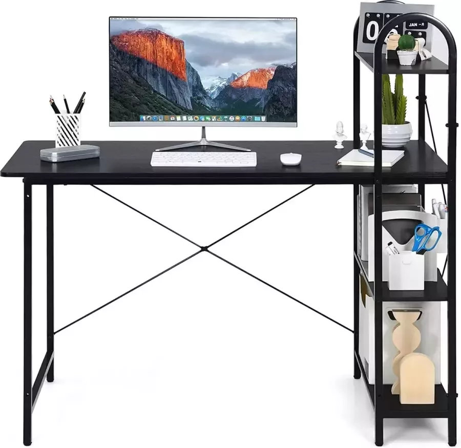 Livingsigns Computertafel met planken bureau met plank rechts of links werktafel met verstelbare voeten bureautafel voor werkkamer kantoor pc-tafel kantoormeubel (zwart)