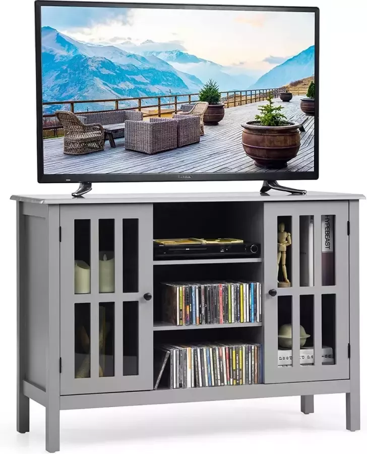 Livingsigns Houten tv-meubel lowboard voor tv's tot 50 tv-plank entertainmentcentrum met 2 deuren en 3 planken mediaconsole in de woonkamer (grijs)
