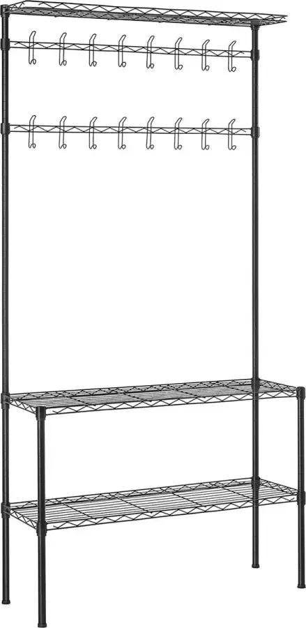 Kapstok garderobe van metaal kledingstandaard met verstelbaar schoenenrek 16 dubbele haken groot 90 cm lang voor hoed tas paraplu hal zwart LGR411B01