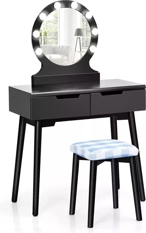 Livingsigns kaptafel met 8 LED-lampjes en aanraakschakelaar Instelbare helderheid kaptafel met spiegel make-uptafel met 2 lades grote ronde spiegel gedempte kruk voor slaapkamer (zwart)