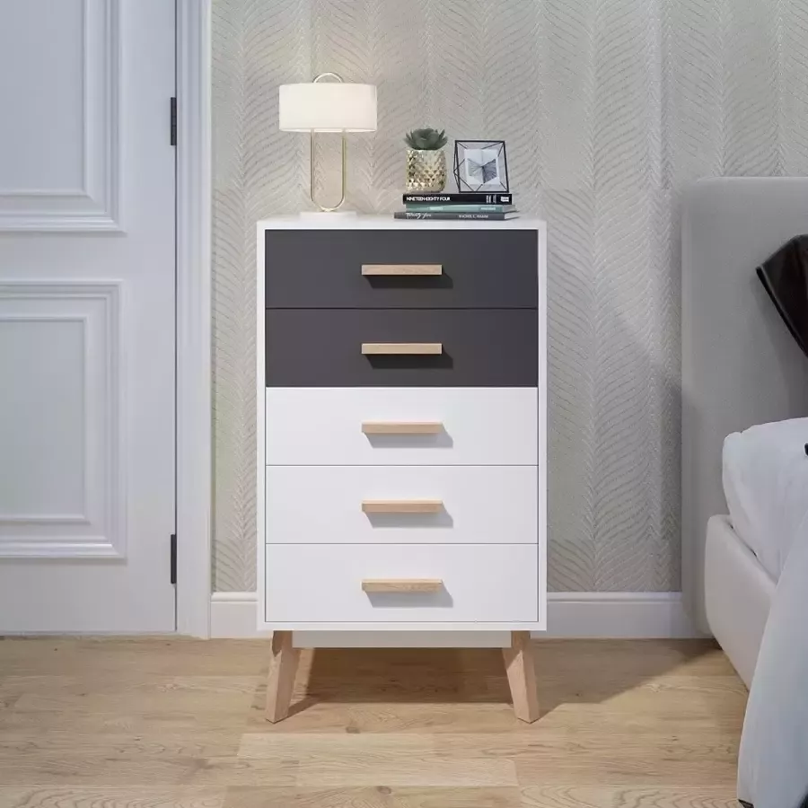 Livingsigns ladekast met 5 lades gratis combinatie van kleuren Scandinavische stijl voor slaapkamer woonkamer 55 x 40 x 96 cm wit en grijs