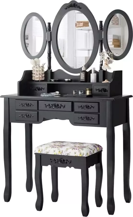 Livingsigns Make-uptafel met inklapbare spiegel kaptafel set met gevoerde kruk 7 laden en open plank make-uptafel voor thuis (zwart)