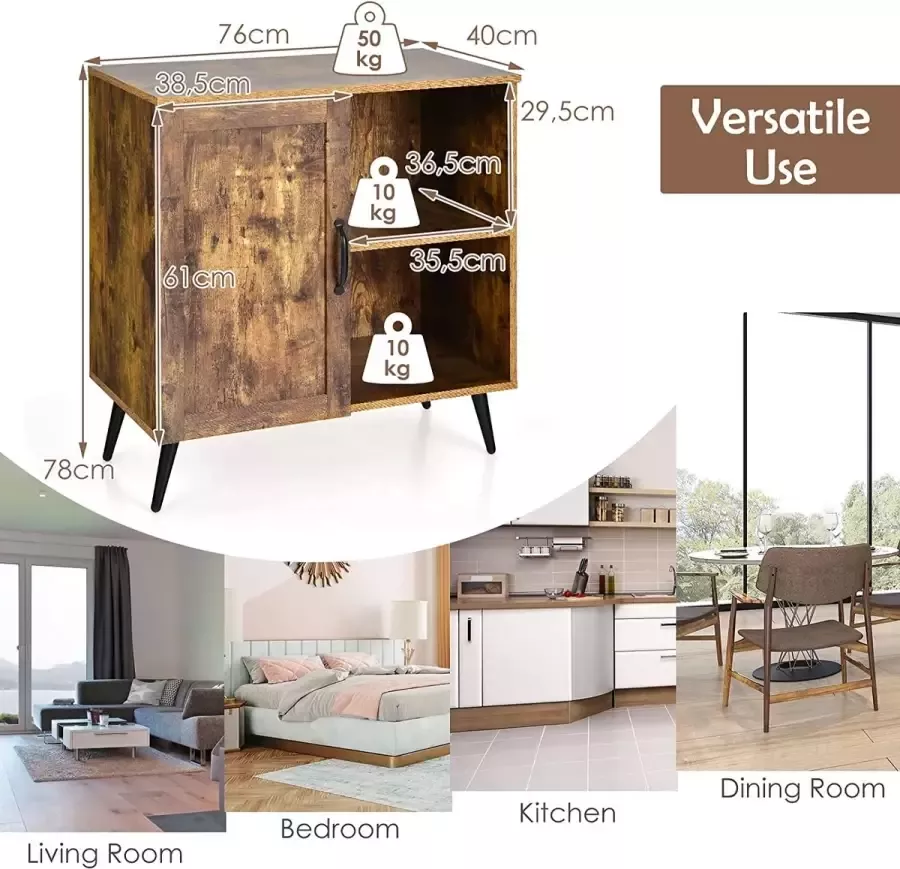 Livingsigns Middeleeuwse opbergkast enkele deur vloerkast met verstelbare planken vrijstaande kast keuken dressoir houten accent zijkast voor woonkamer slaapkamer rustiek bruin - Foto 2