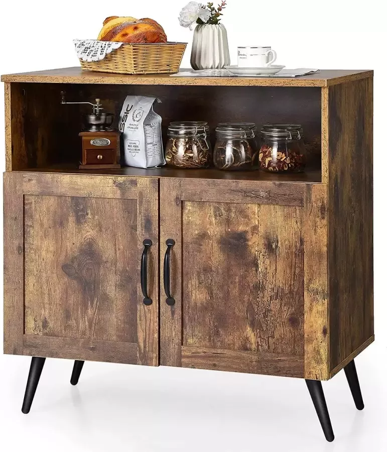 Livingsigns Opbergkast uit het midden van de eeuw houten vloerkast met 2 deuren vrijstaande dressoir met wijnglashouders accentkast voor woonkamer eetkamer keuken rustiek bruin