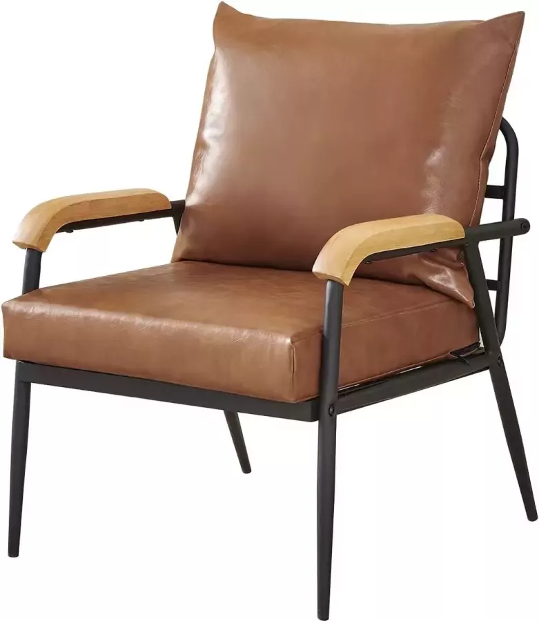 Livingsigns Retro Single Sofa Lounge Chair met metalen frame en PU lederen kussen Accent Chair Single Sofa voor Woonkamer Slaapkamer Lounge (Lichtbruin)