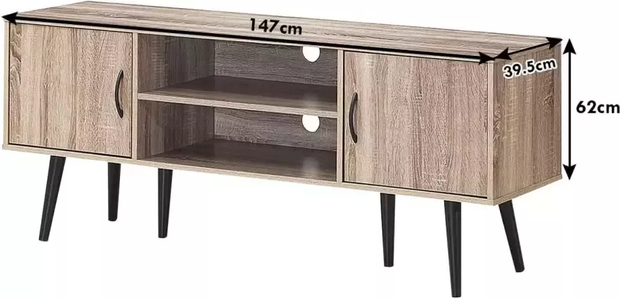 Livingsigns retro tv-standaard mediaconsole met 2 opbergkasten open plank massief houten poten thuiskantoor woonkamermeubilair entertainmentcentrum voor tv's tot 60 inch (grijs)