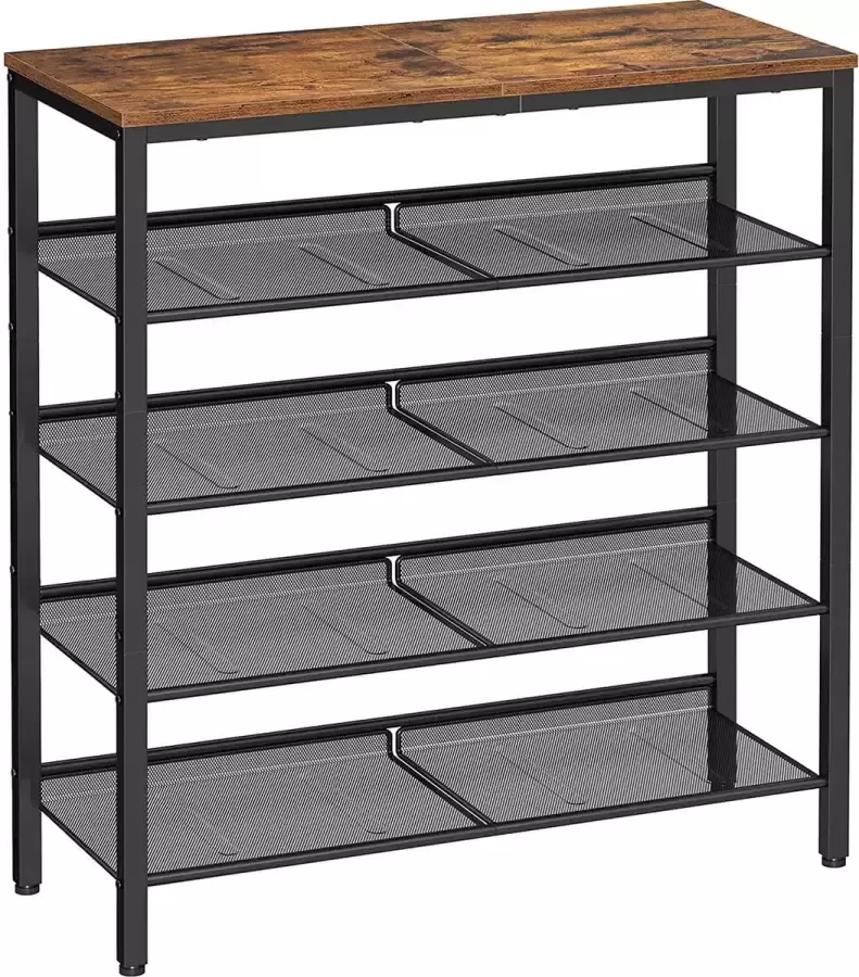 Livingsigns Schoenenrek met 5 niveaus en royaal oppervlak voor tassen voor de entree hal metaal industrieel design vintage bruin-zwart LBS038B01