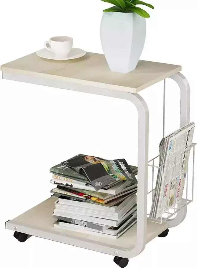 Livingsigns U-vormig bijzettafeltje laptop 51 x 30 x 56 cm met wieltjes computertafel voor tafelblad lezen bed bank witte esdoorn