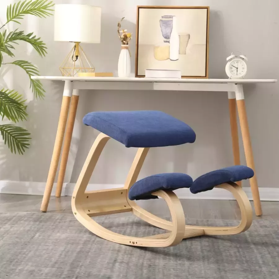 Livista Ergonomische kniestoel Naturel Hout Donker Blauw Linnen Ergonomische Bureaustoel Stoel Max. 130 kg