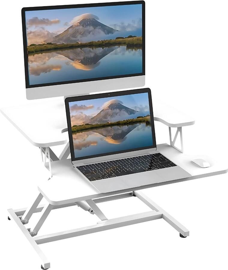 Livista Sit-Stand Desk Gas-Spring Laptoptafel Zit Sta Bureau Computertafel Zit Sta Verhoger Bureautafel Groot Scherm en Toetsenbord Blad Ruimte voor 2 Schermen Nieuw Model Wit