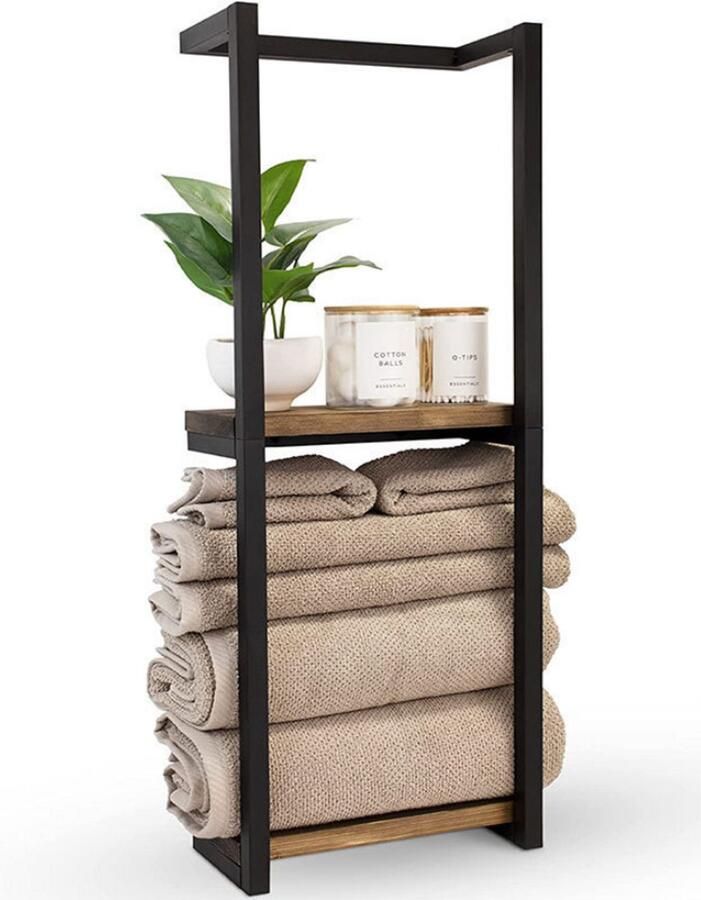 Livista Wandrek met 2 Houten Planken – Handdoekenrek & Opbergrek – Industrieel Design – Hout en Metaal – 77x28.5x14 cm