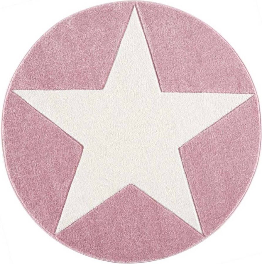 Livone Kindervloerkleed Star Rond Roze-Wit Ø133 cm