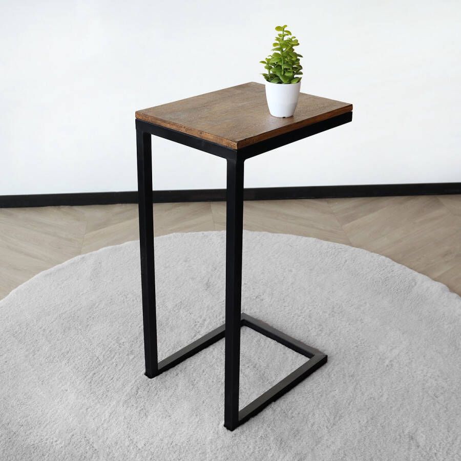 Lizzely Garden & Living Bijzettafel industrieel Jerry 69cm hoog duurzaam mangohout laptoptafel mango side table