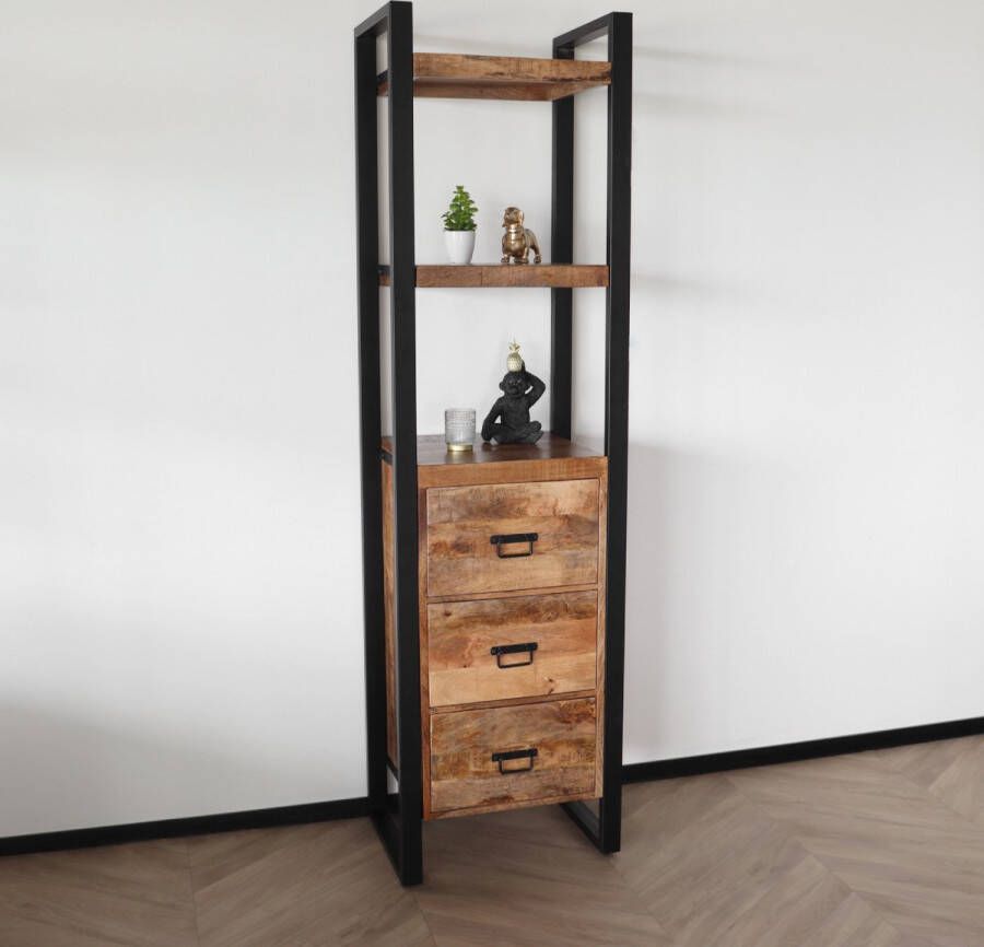 Lizzely Garden & Living Boekenkast mangohout Blizy kast industrieel 200cm hoog massief hout mango wandkast