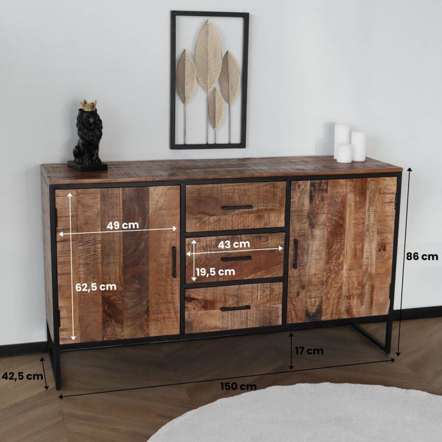 Lizzely Garden & Living Dressoir mangohout Daan industrieel 150cm lengte ladekast duurzaam mango