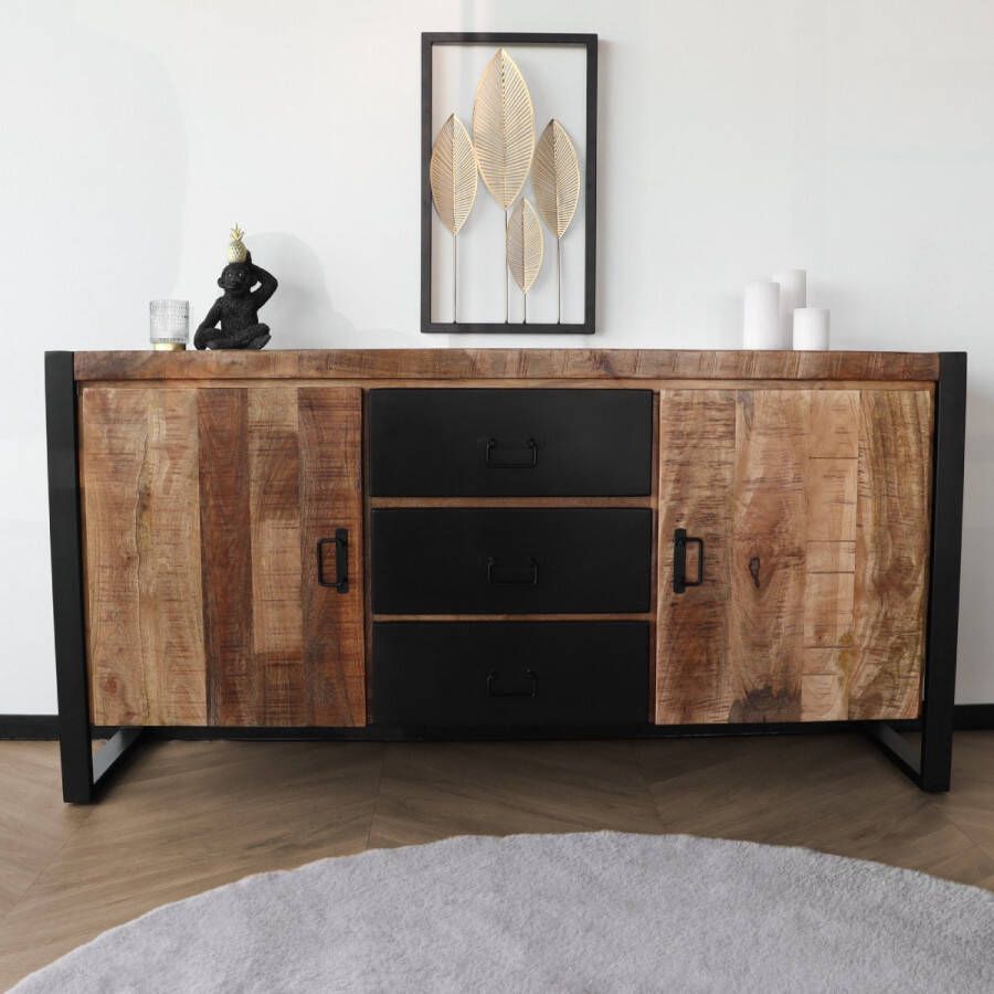 Lizzely Garden & Living Dressoir mangohout Jack bruin zwart ladekast industrieel 160x80cm duurzaam mango kast - Foto 2