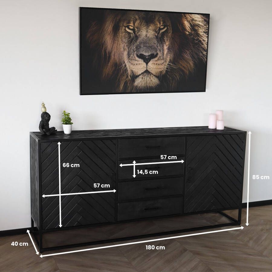 Lizzely Garden & Living Dressoir mangohout visgraat Cody ladekast zwart industrieel 180x85cm duurzaam mango kast