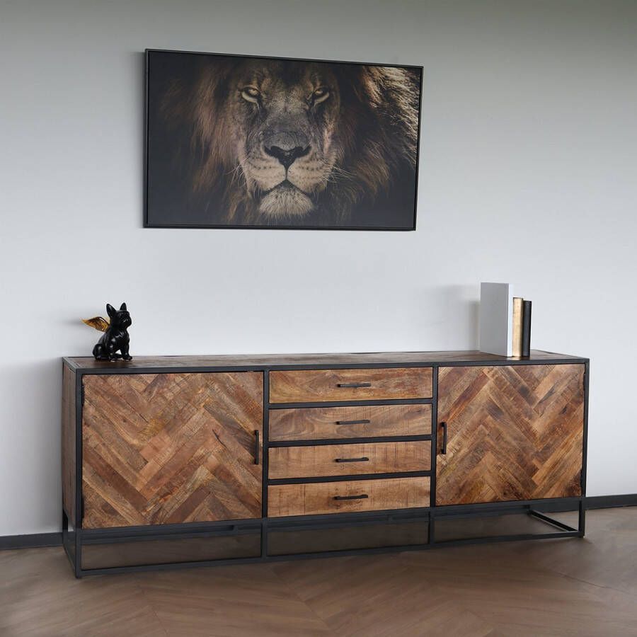 Lizzely Garden & Living Dressoir mangohout visgraat Orlando bruin ladekast industrieel 210x75cm duurzaam mango kast