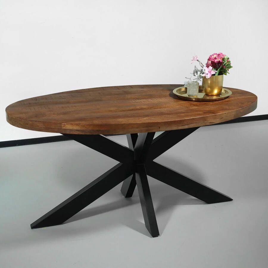 Lizzely Garden & Living Eettafel ovaal mangohout 160cm James bruin ovale industriële tafel duurzaam mango eetkamertafel - Foto 3