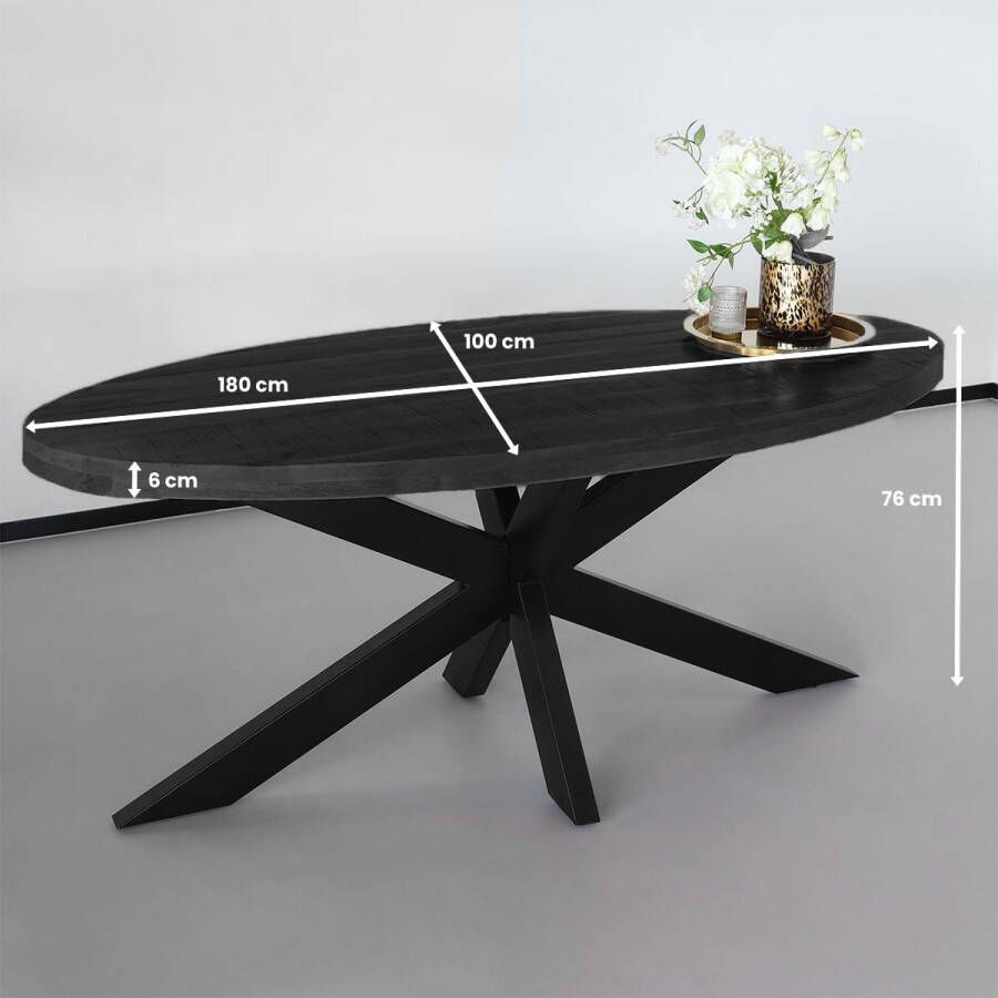 Lizzely Garden & Living Eettafel ovaal mangohout 180cm James zwart ovale industriële tafel duurzaam mango eetkamertafel