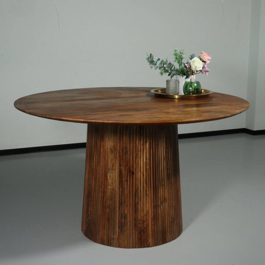 Lizzely Garden & Living Eettafel rond mangohout 130cm Millie bruin ronde design tafel duurzaam mango eetkamertafel - Foto 1