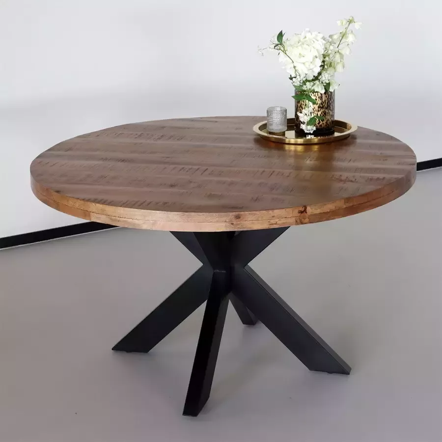 Lizzely Garden & Living Eettafel rond mangohout 150cm Jones bruin ronde industriële tafel duurzaam mango eetkamertafel - Foto 2