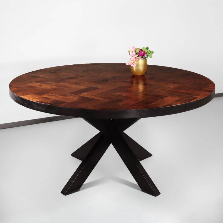 Lizzely Garden & Living Eettafel rond mangohout visgraat 150cm Avelyn bruin ronde industriële tafel duurzaam mango eetkamertafel