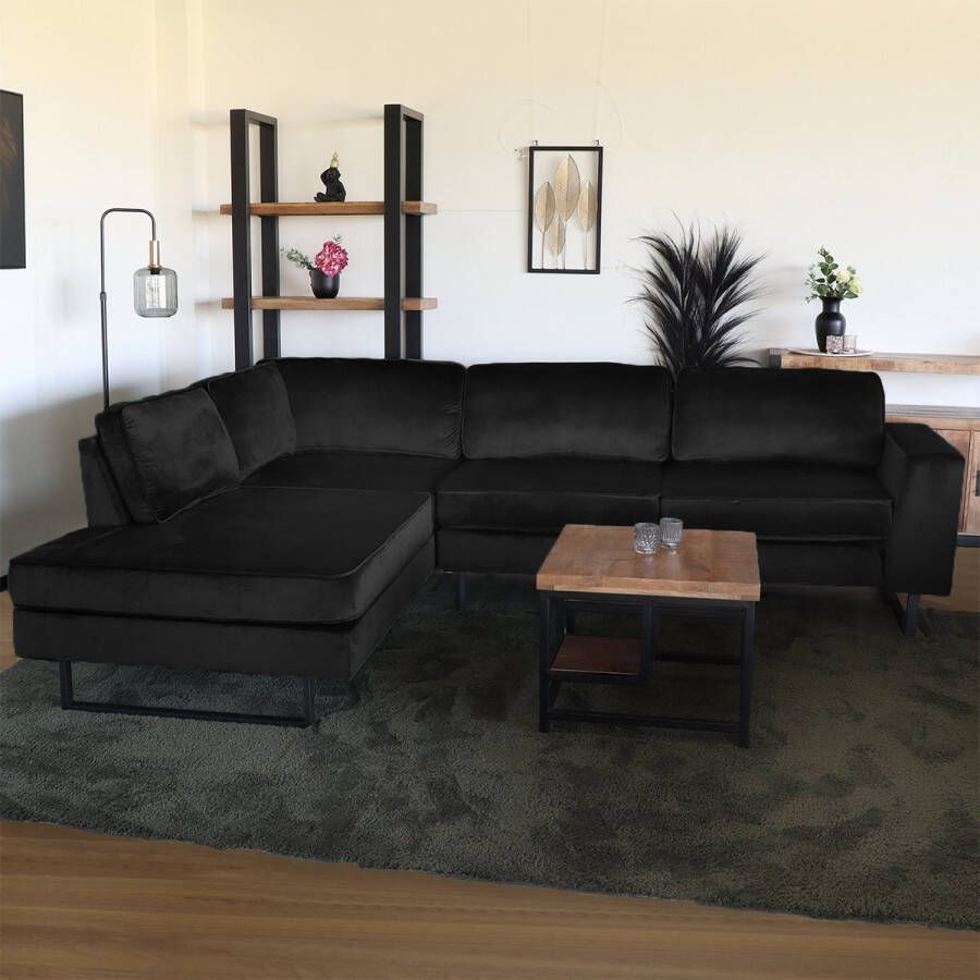 Lizzely Garden & Living Hoekbank design Puckerto 290cm bank velvet zwart hoek loungebank links bankstel - Foto 1