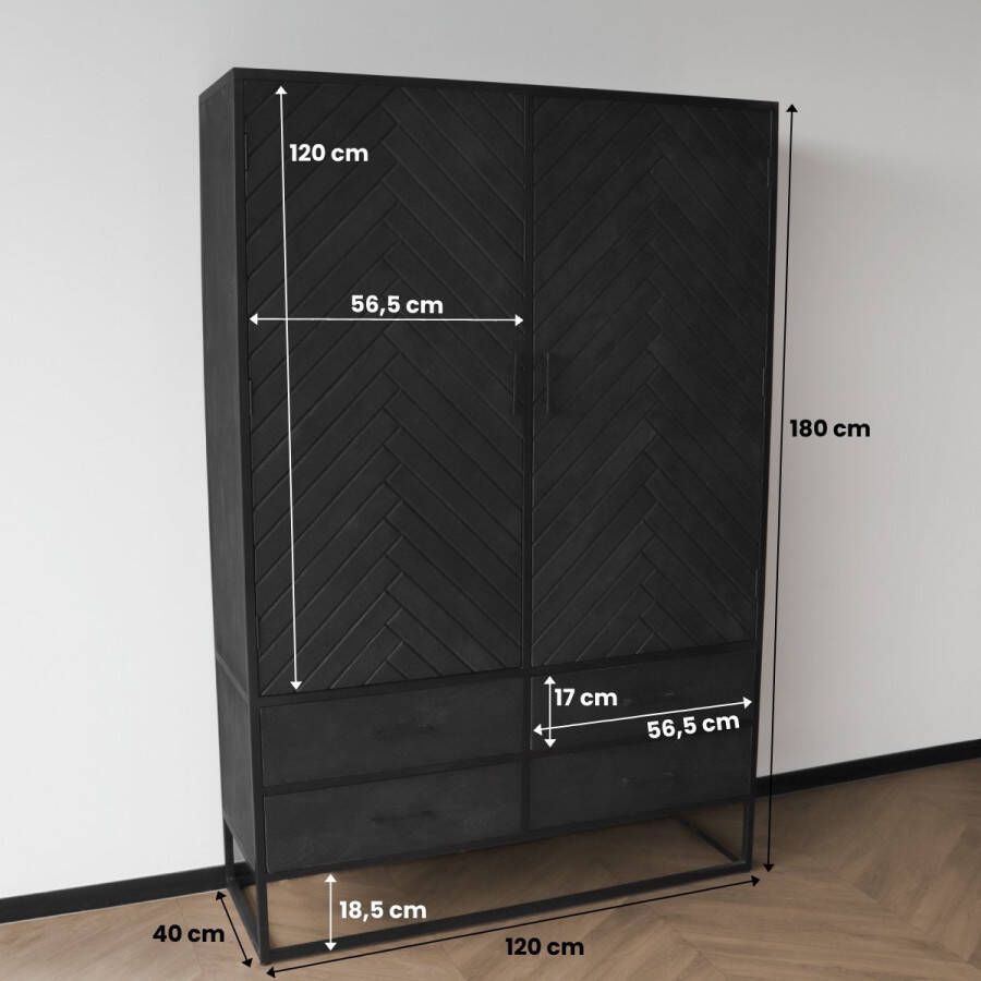 Lizzely Garden & Living Kast zwart industrieel Flako mangohout visgraat 180cm hoog vakkenkast wandkast duurzaam mango