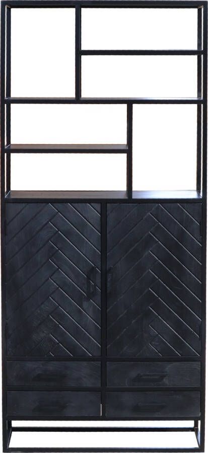Lizzely Garden & Living Kast industrieel mangohout London zwart mango hout visgraat wandkast 200cm vakkenkast