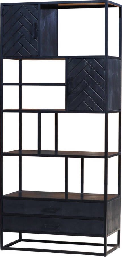 Lizzely Garden & Living Kast industrieel mangohout Rio zwart mango hout visgraat wandkast 200cm vakkenkast