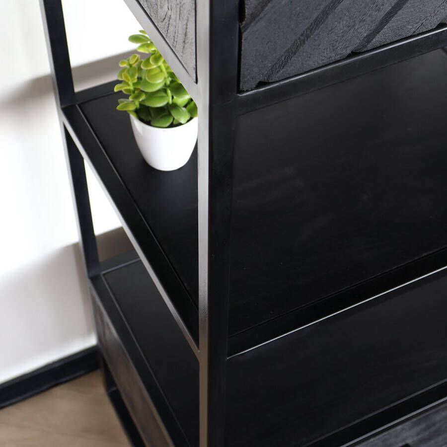 Lizzely Garden & Living Kast zwart industrieel Dani mangohout visgraat 200cm hoog vakkenkast wandkast