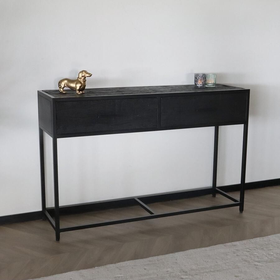 Lizzely Garden & Living Bijzettafel mangohout Lucky 120cm met twee lades zwart industrieel side table