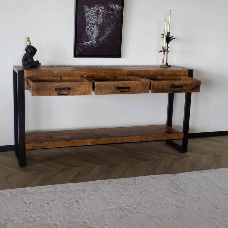 Lizzely Garden & Living Bijzettafel mangohout Sandra 150cm met 3 lades industrieel duurzaam massief hout side table