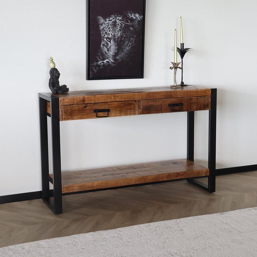 Lizzely Garden & Living Bijzettafel mangohout Vera 120cm met 2 lades industrieel duurzaam massief hout side table