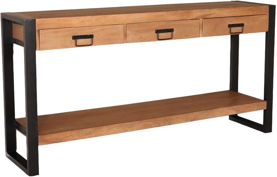 Lizzely Garden & Living Bijzettafel mangohout Sandra 150cm met 3 lades industrieel duurzaam massief hout side table - Foto 3