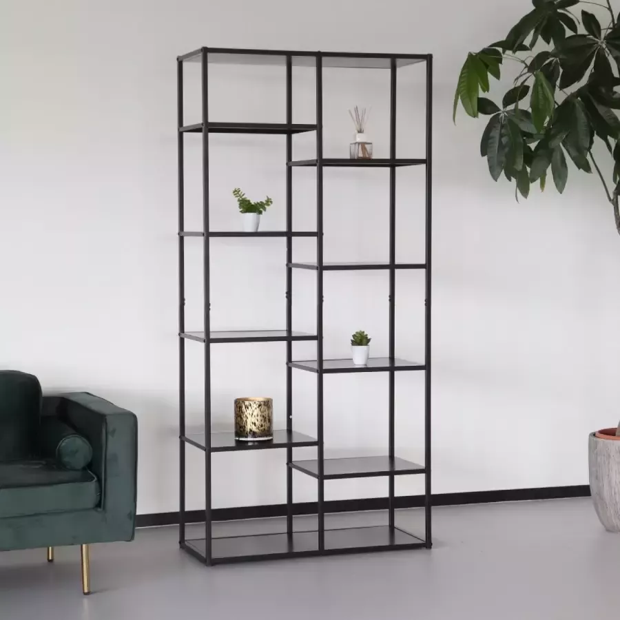 Lizzely Garden & Living Boekenkast industrieel Gina metalen wandmeubel zwart 90x185cm - Foto 2