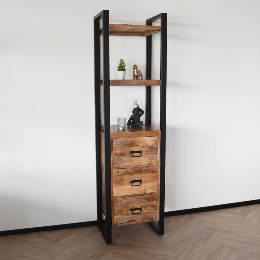 Lizzely Garden & Living Boekenkast mangohout Blizy kast industrieel 200cm hoog massief hout mango wandkast
