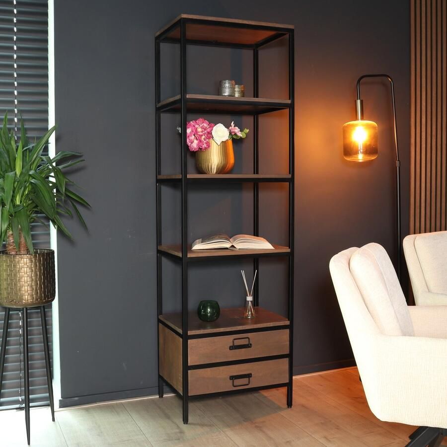 Lizzely Garden & Living Boekenkast mangohout Jaell walnoot bruin kast industrieel 180cm duurzaam massief hout mango wandkast