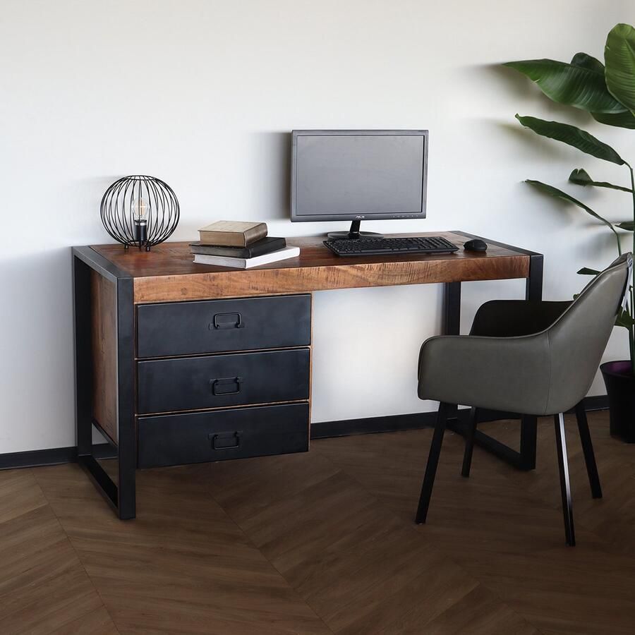 Lizzely Garden & Living Bureau Noah 145cm industrieel duurzaam massief mangohout