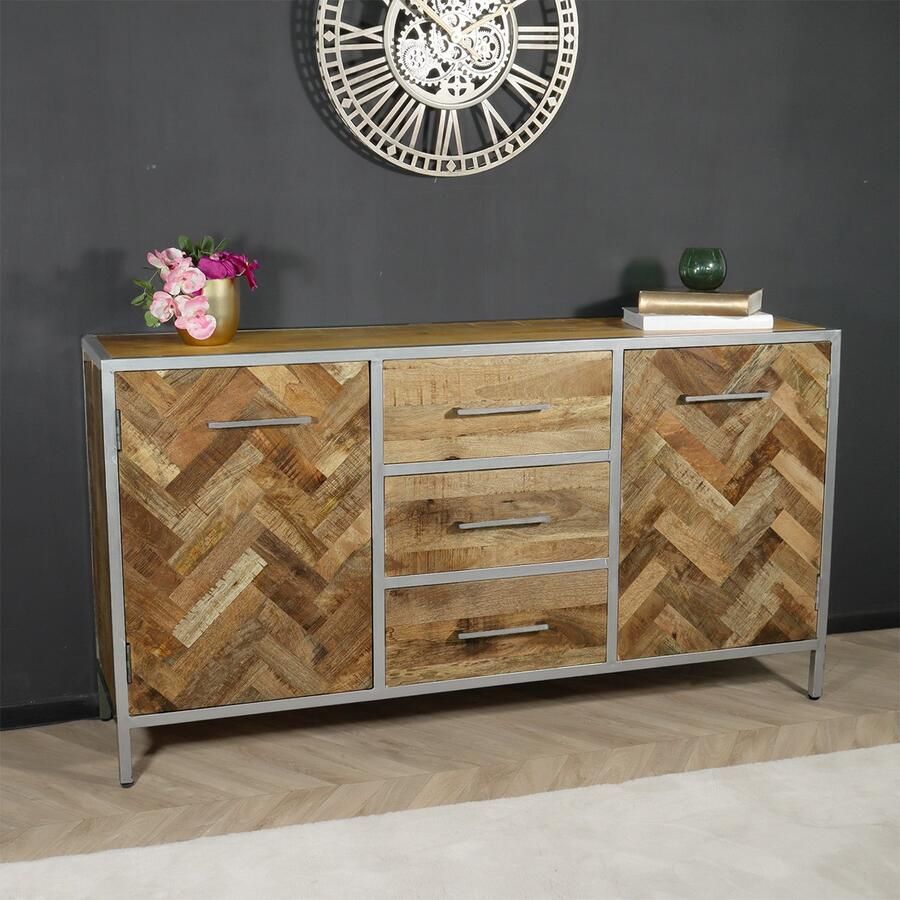 Lizzely Garden & Living Dressoir industrieel mangohout Sofia lichtbruin visgraat 160cm ladekast mango duurzaam kast