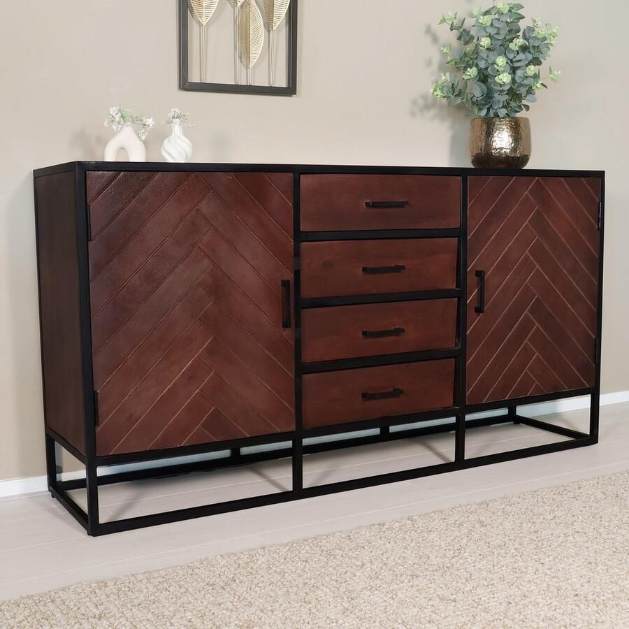 Lizzely Garden & Living Dressoir visgraat mangohout 160cm walnoot Cody industrieel duurzaam mango kast