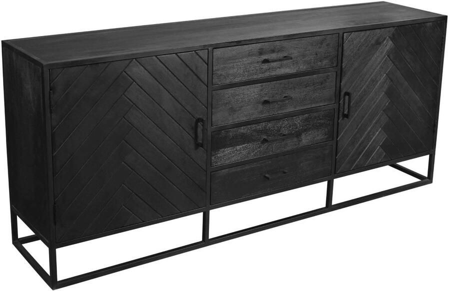 Lizzely Garden & Living Dressoir visgraat mangohout 200cm zwart Cody industrieel duurzaam mango kast