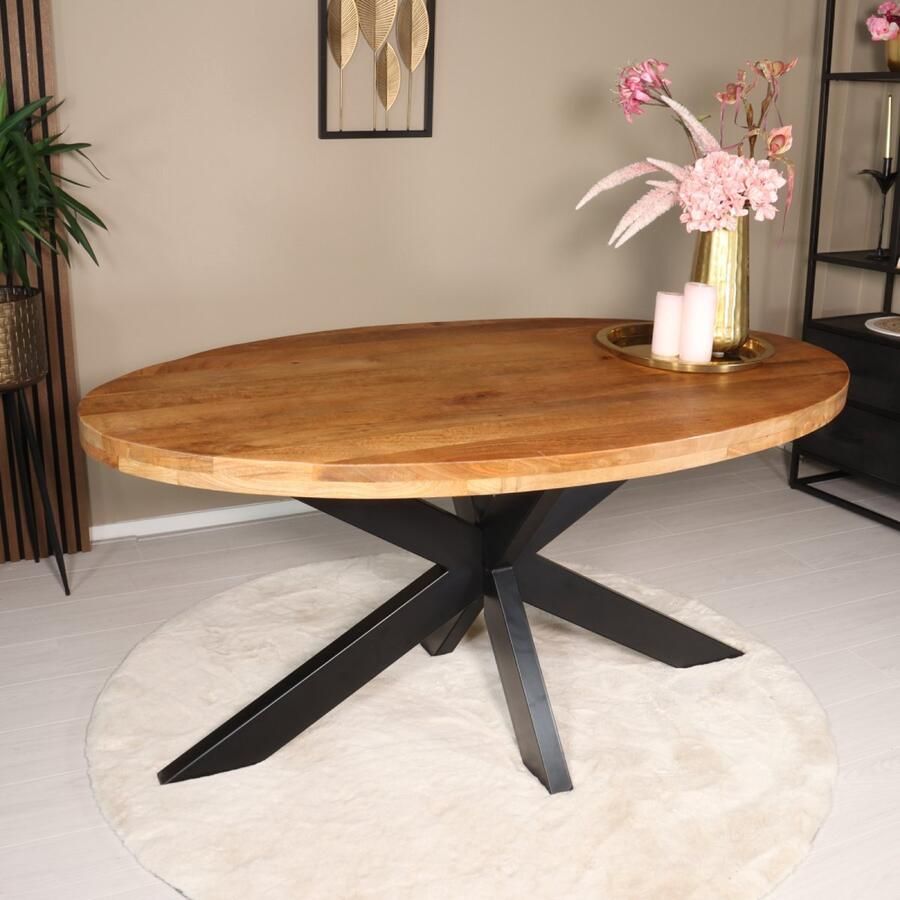 Lizzely Garden & Living Eettafel ovaal mangohout 160cm James lichtbruin ovale industriële tafel duurzaam mango eetkamertafel - Foto 2