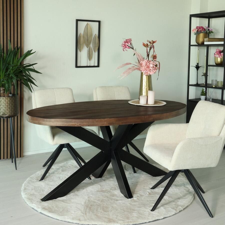 Lizzely Garden & Living Eettafel ovaal mangohout 160cm James walnoot bruin ovale industriële tafel duurzaam mango eetkamertafel - Foto 2