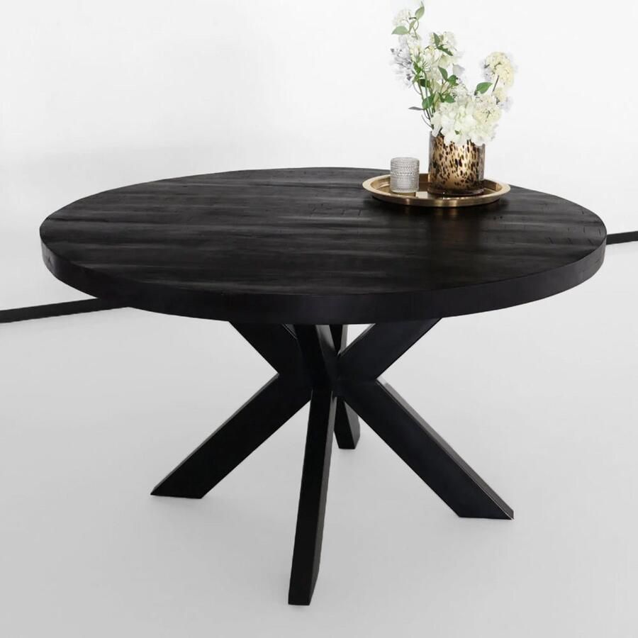 Lizzely Garden & Living Eettafel rond mangohout 130cm Jones zwart ronde industriële tafel duurzaam mango eetkamertafel - Foto 2