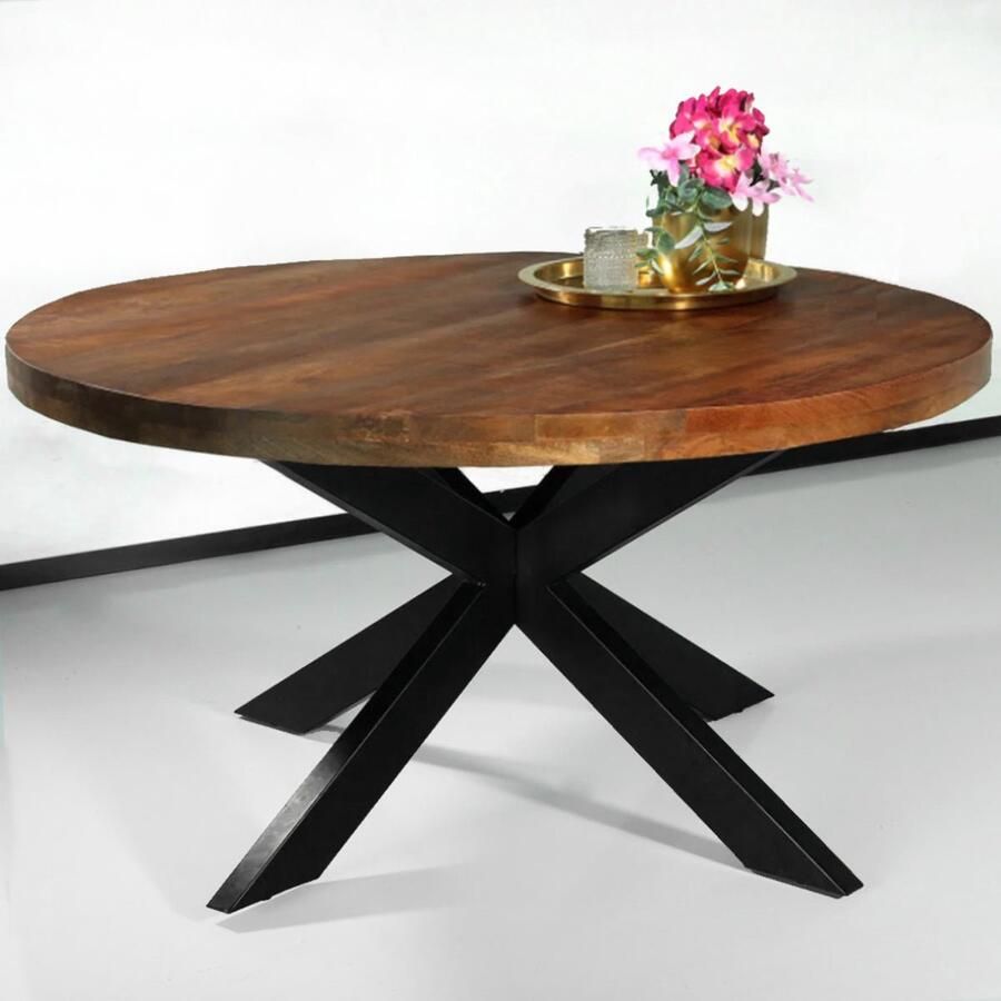 Lizzely Garden & Living Eettafel rond mangohout 150cm Jones bruin ronde industriële tafel duurzaam mango eetkamertafel - Foto 2