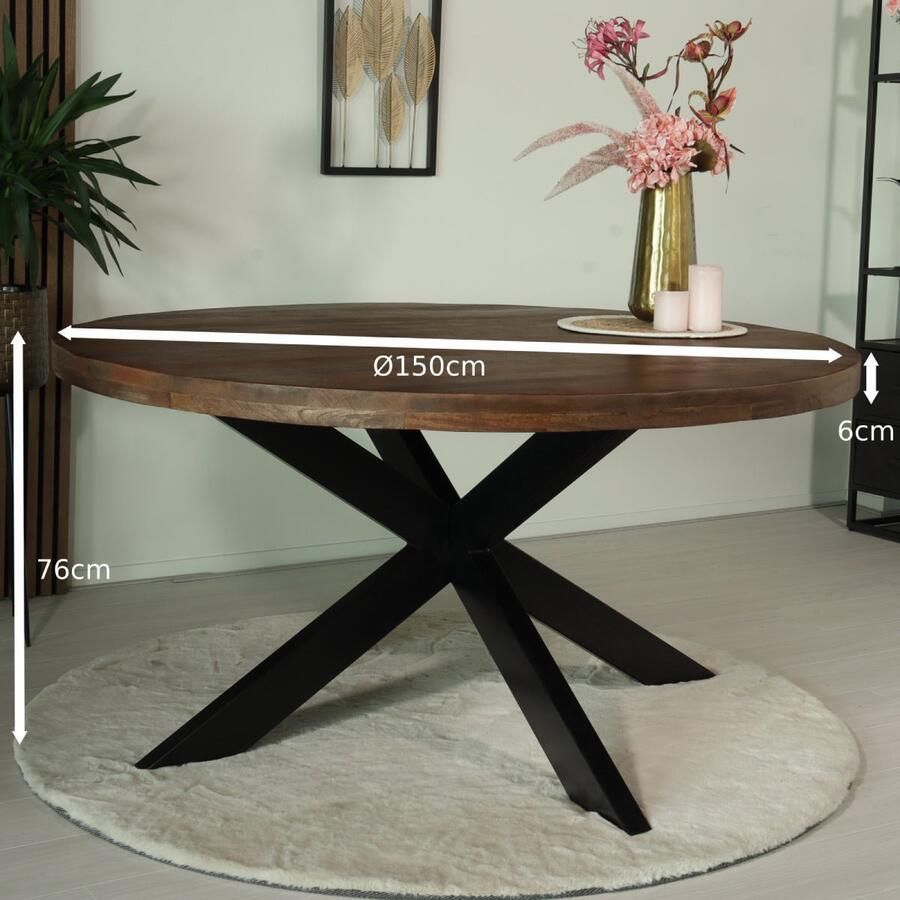 Lizzely Garden & Living Eettafel rond mangohout 150cm Jones walnoot bruin ronde industriële tafel duurzaam mango eetkamertafel - Foto 2